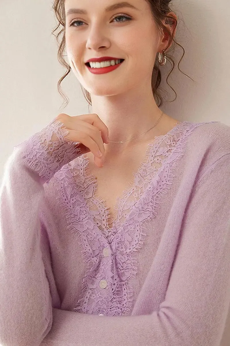 100 Cashmere V-Neck Cardigan with Lace Trim