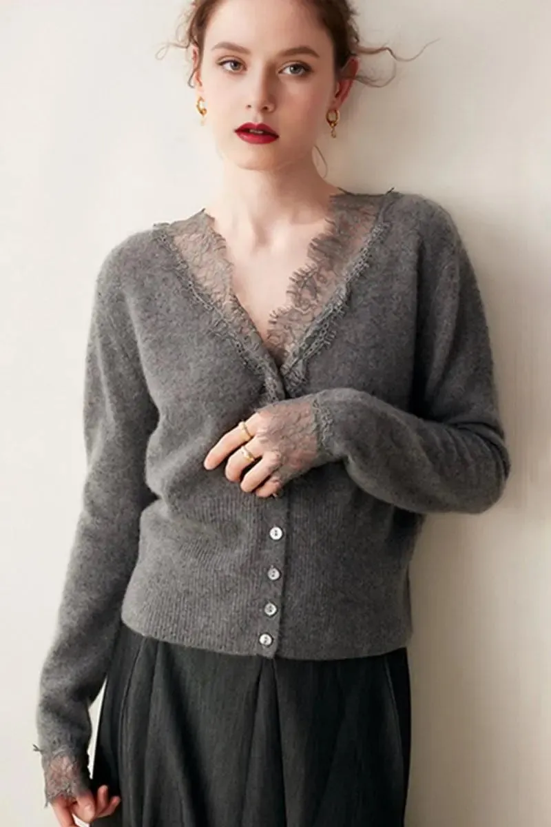 100 Cashmere V-Neck Cardigan with Lace Trim