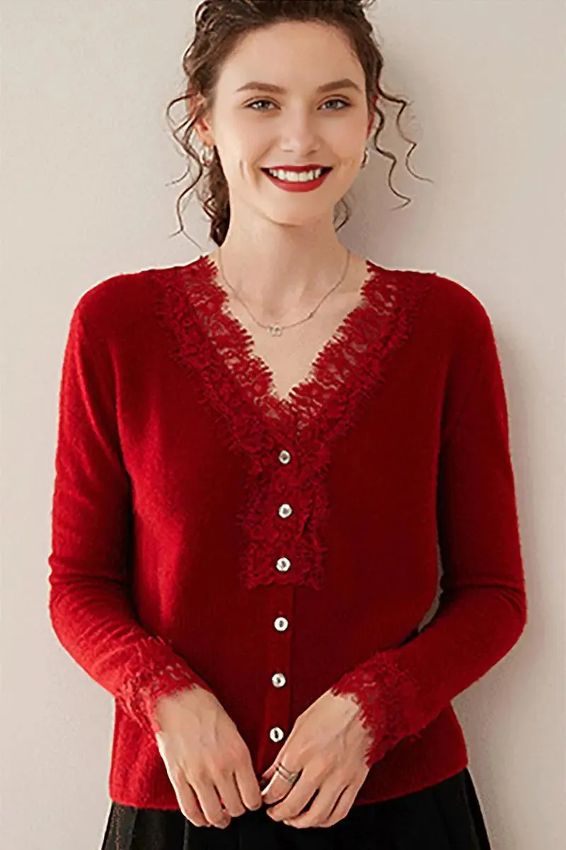 100 Cashmere V-Neck Cardigan with Lace Trim