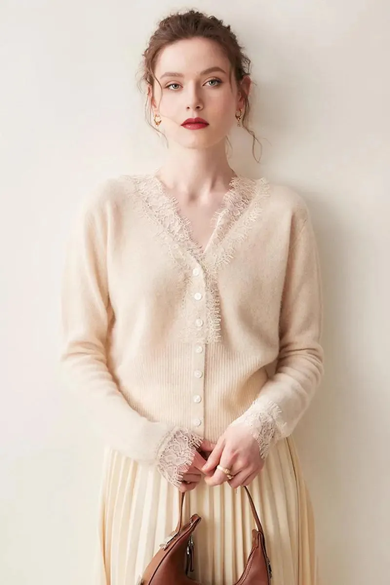 100 Cashmere V-Neck Cardigan with Lace Trim