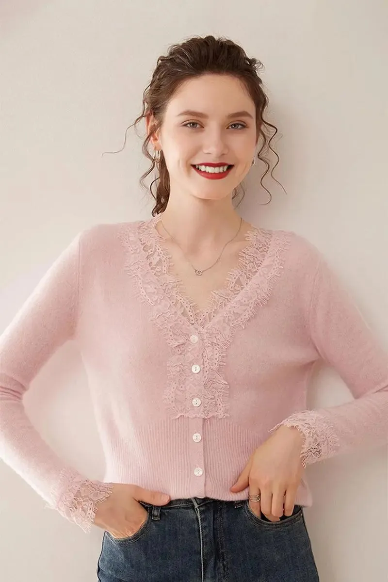 100 Cashmere V-Neck Cardigan with Lace Trim