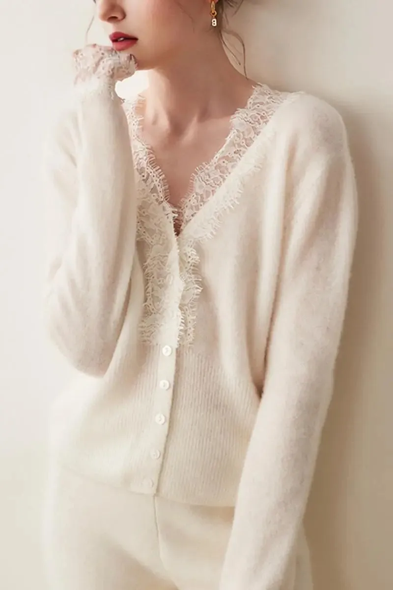 100 Cashmere V-Neck Cardigan with Lace Trim