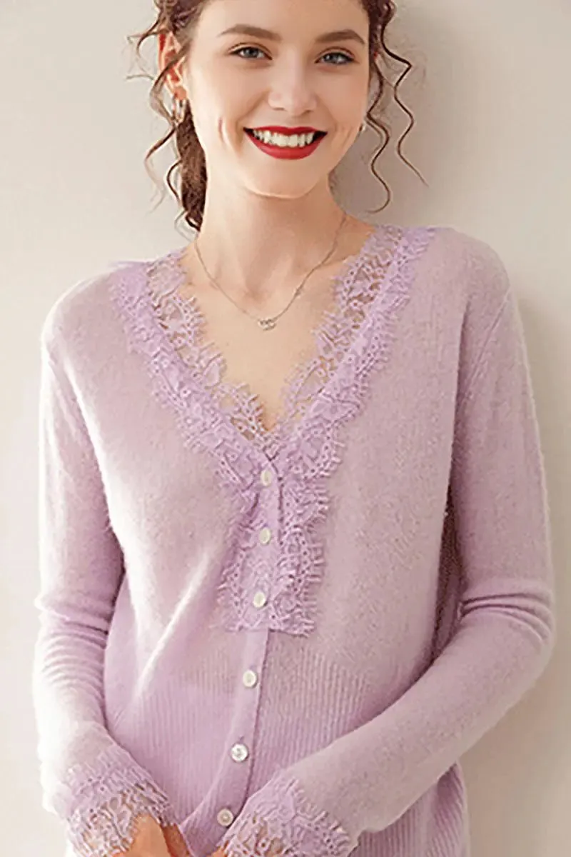 100 Cashmere V-Neck Cardigan with Lace Trim