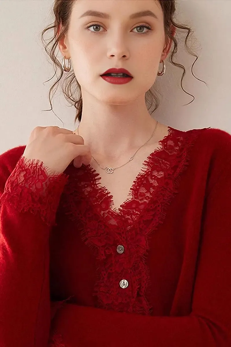 100 Cashmere V-Neck Cardigan with Lace Trim