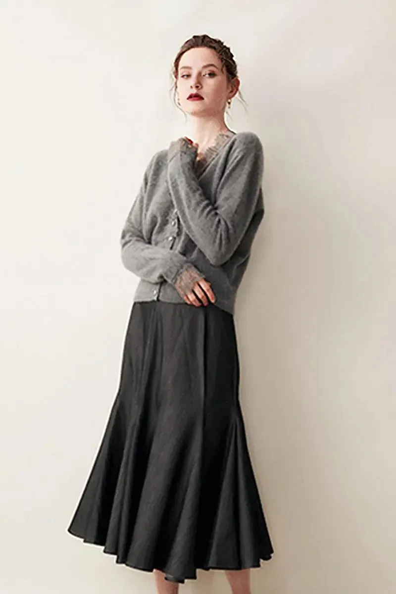 100 Cashmere V-Neck Cardigan with Lace Trim