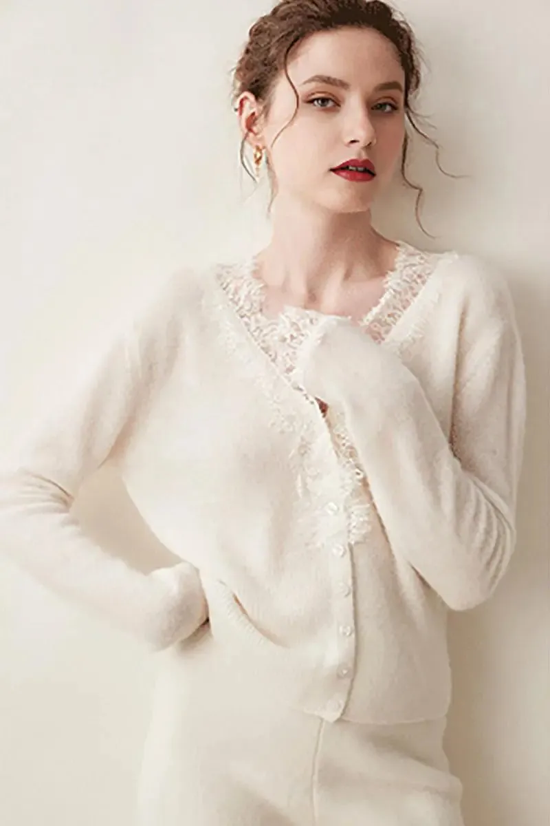 100 Cashmere V-Neck Cardigan with Lace Trim