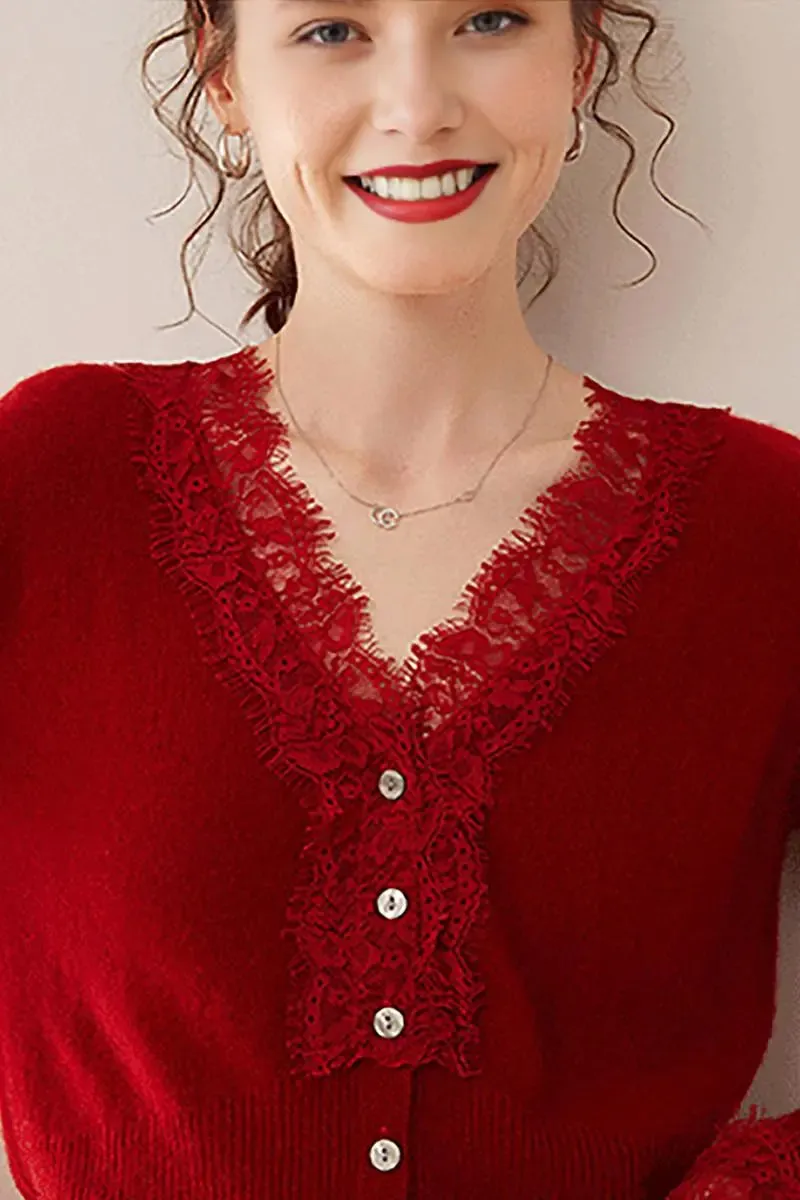 100 Cashmere V-Neck Cardigan with Lace Trim