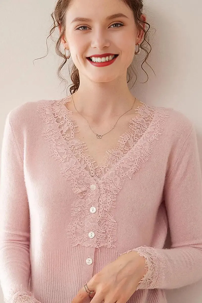 100 Cashmere V-Neck Cardigan with Lace Trim