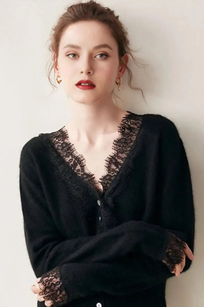 100 Cashmere V-Neck Cardigan with Lace Trim