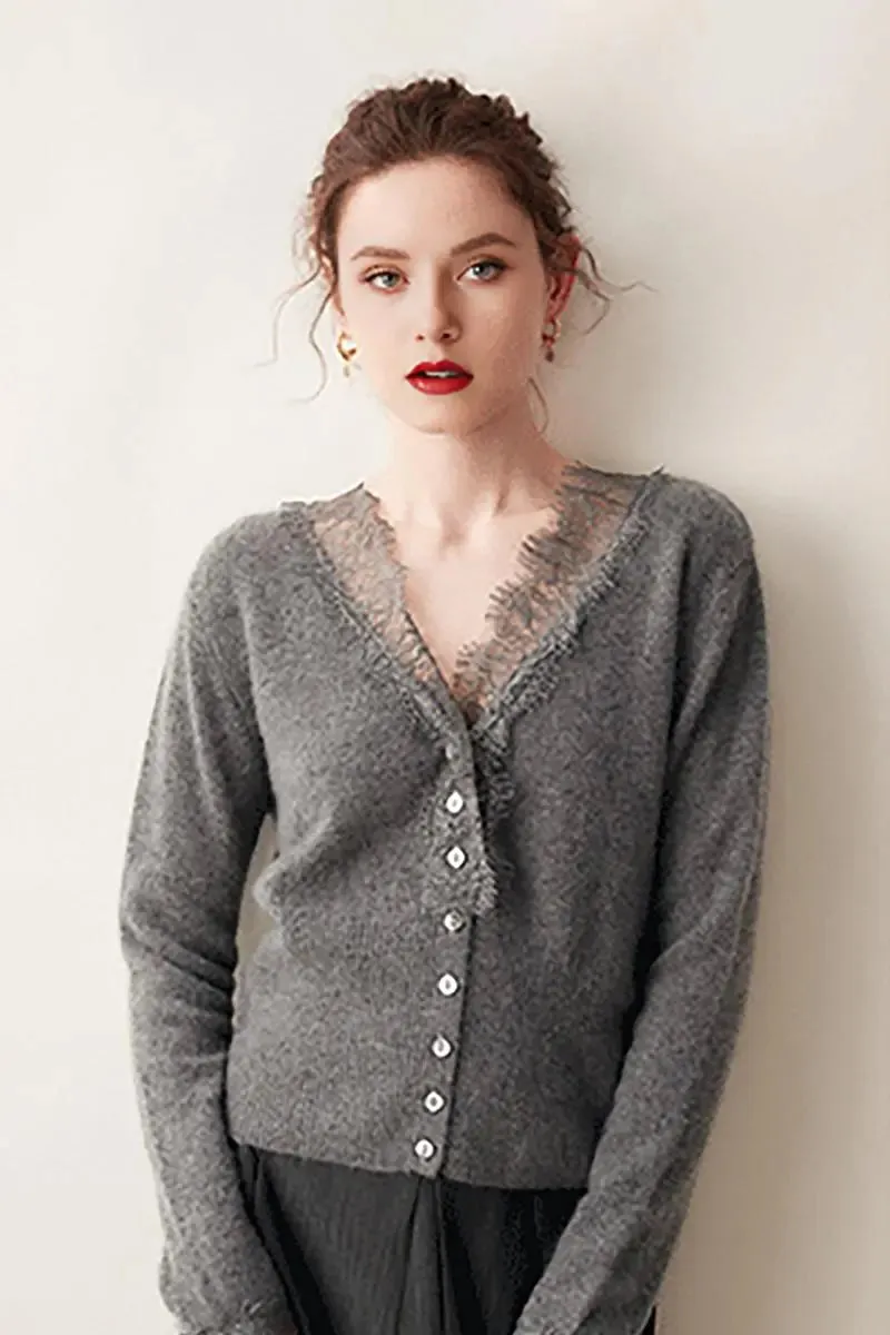 100 Cashmere V-Neck Cardigan with Lace Trim