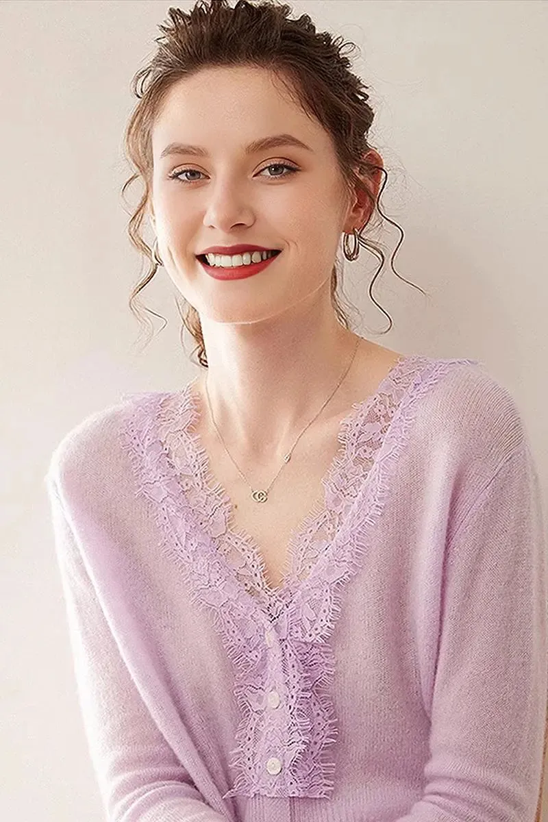 100 Cashmere V-Neck Cardigan with Lace Trim
