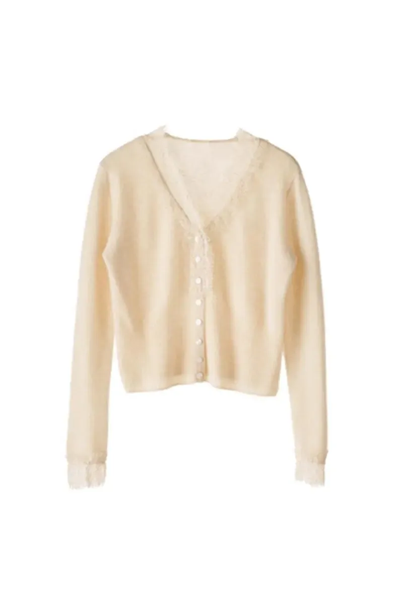 100 Cashmere V-Neck Cardigan with Lace Trim