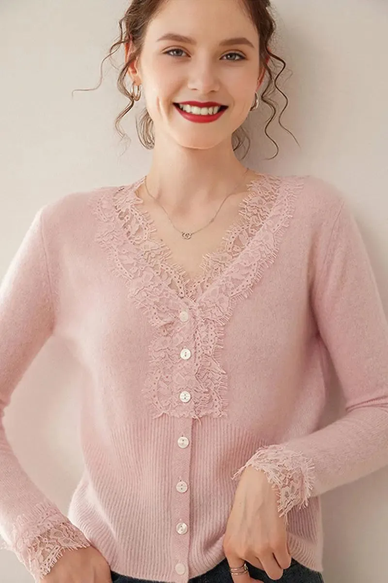 100 Cashmere V-Neck Cardigan with Lace Trim