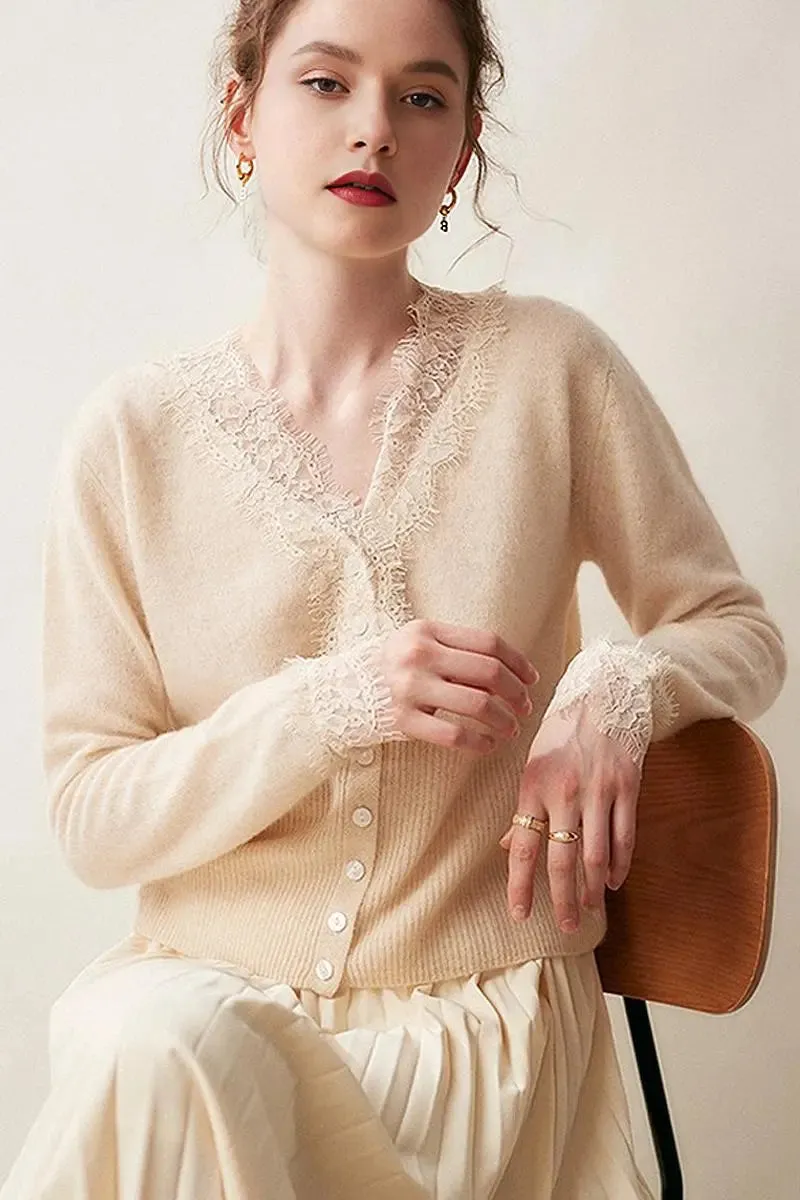 100 Cashmere V-Neck Cardigan with Lace Trim