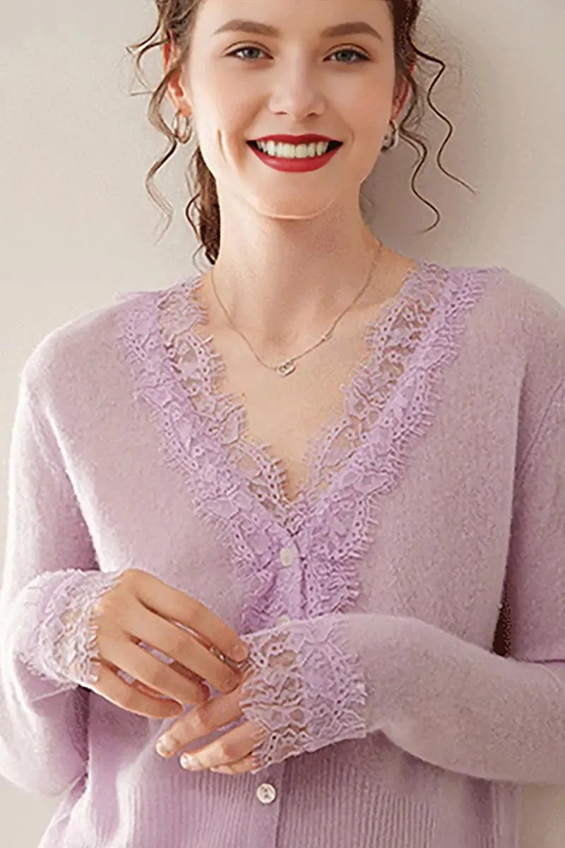 100 Cashmere V-Neck Cardigan with Lace Trim