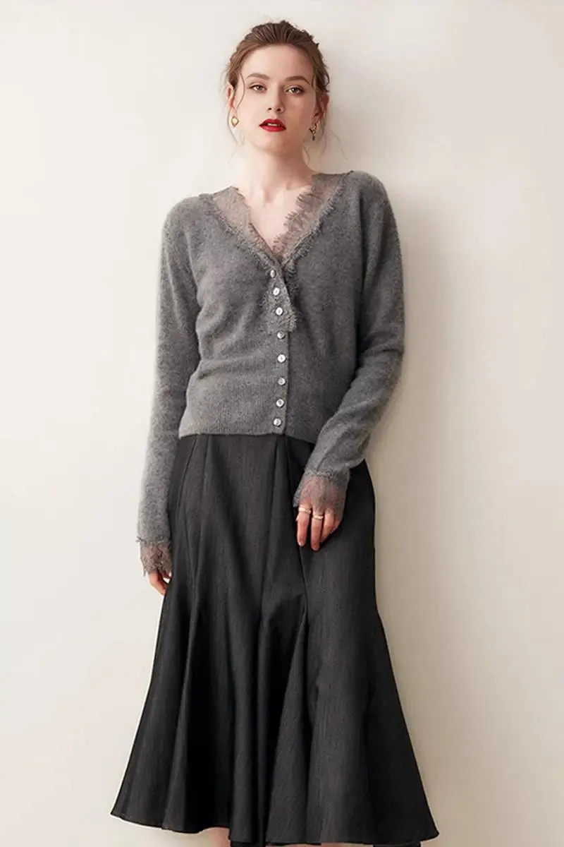 100 Cashmere V-Neck Cardigan with Lace Trim