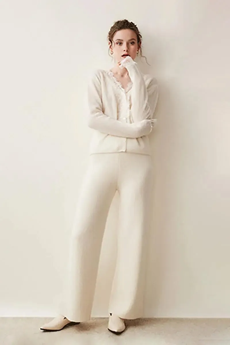 100 Cashmere V-Neck Cardigan with Lace Trim