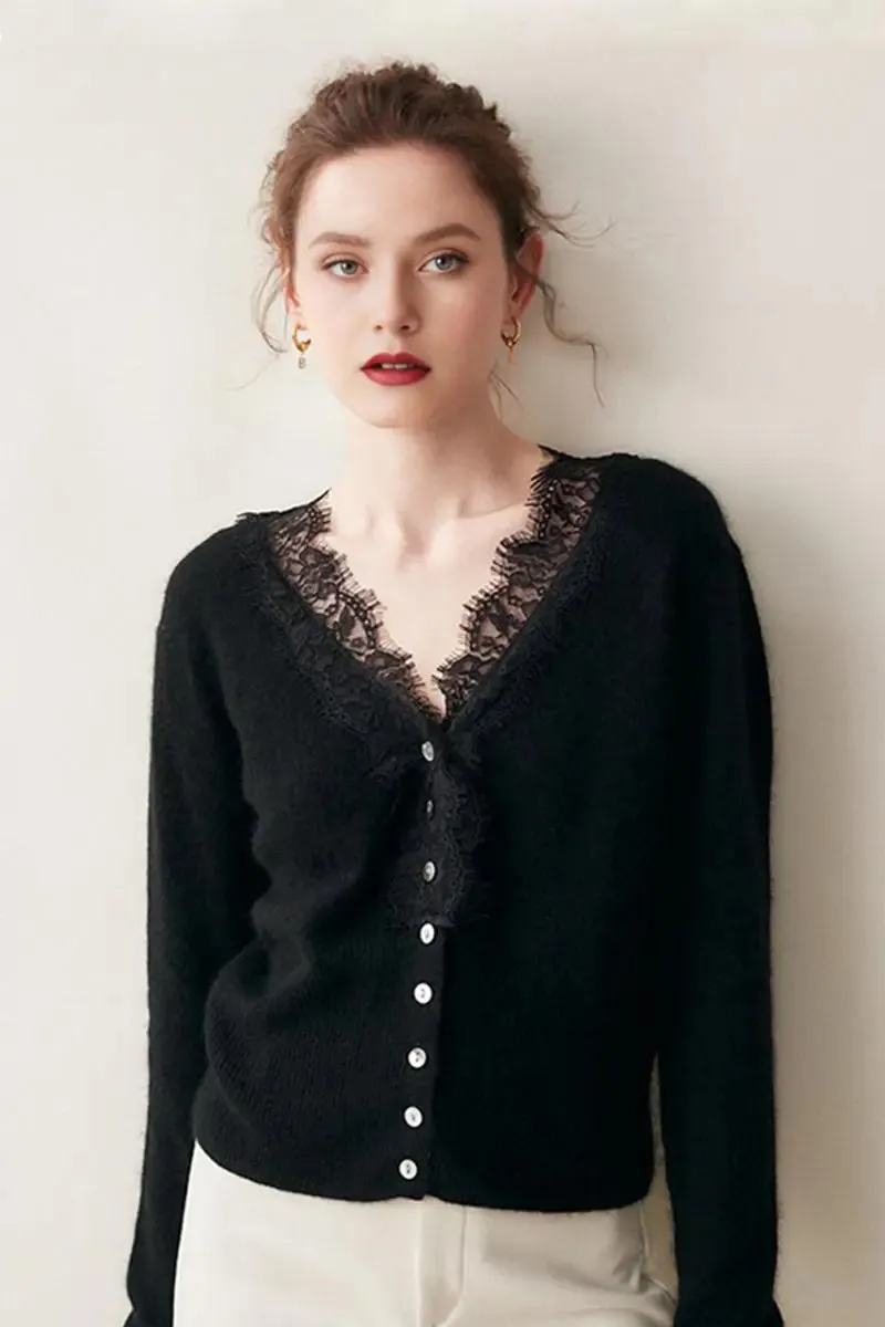 100 Cashmere V-Neck Cardigan with Lace Trim