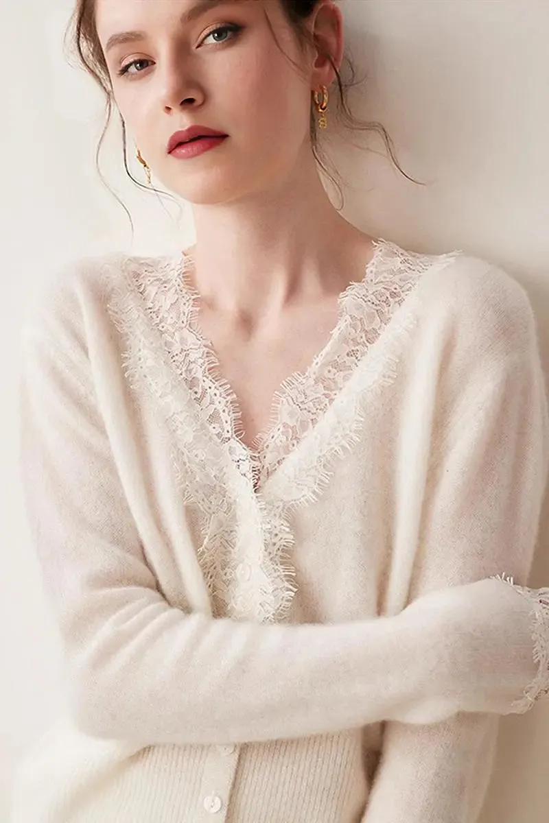 100 Cashmere V-Neck Cardigan with Lace Trim