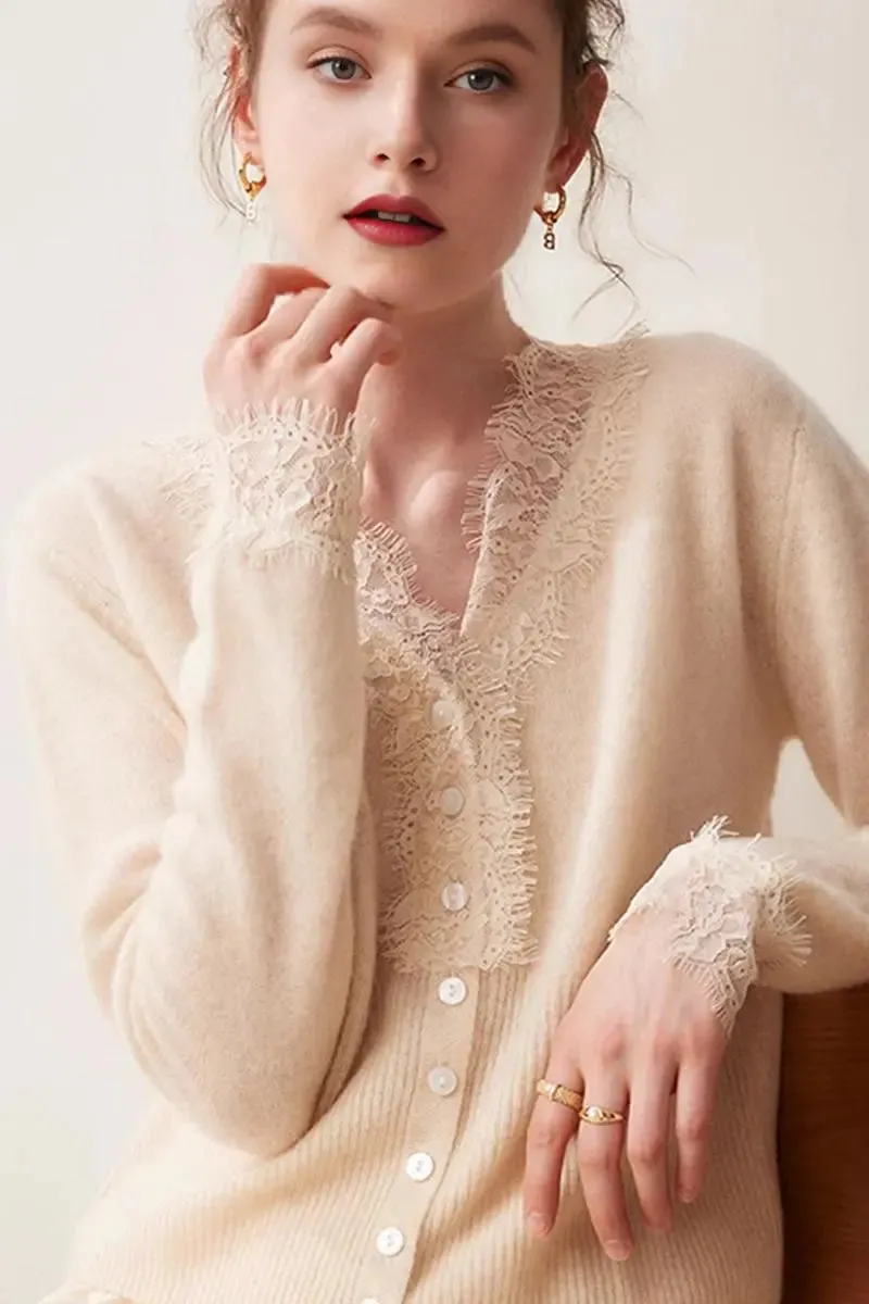 100 Cashmere V-Neck Cardigan with Lace Trim