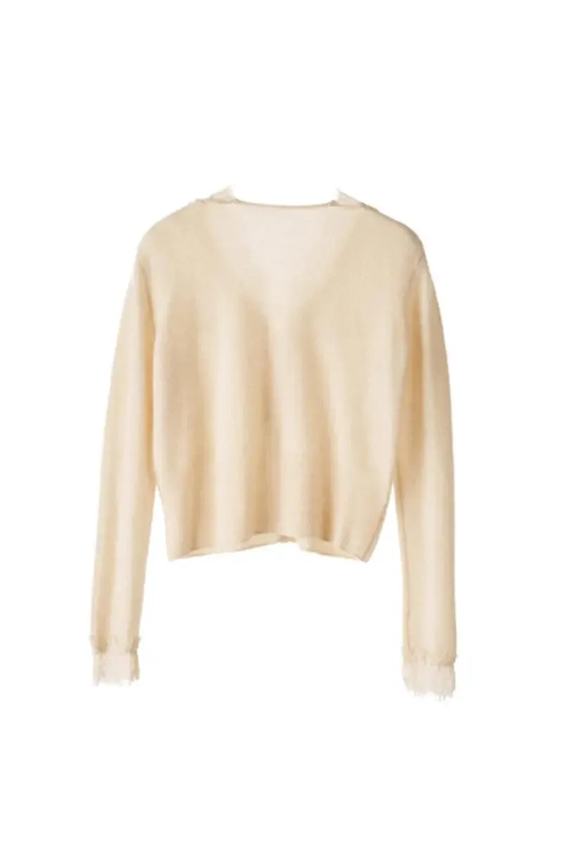 100 Cashmere V-Neck Cardigan with Lace Trim