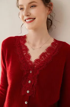 100 Cashmere V-Neck Cardigan with Lace Trim