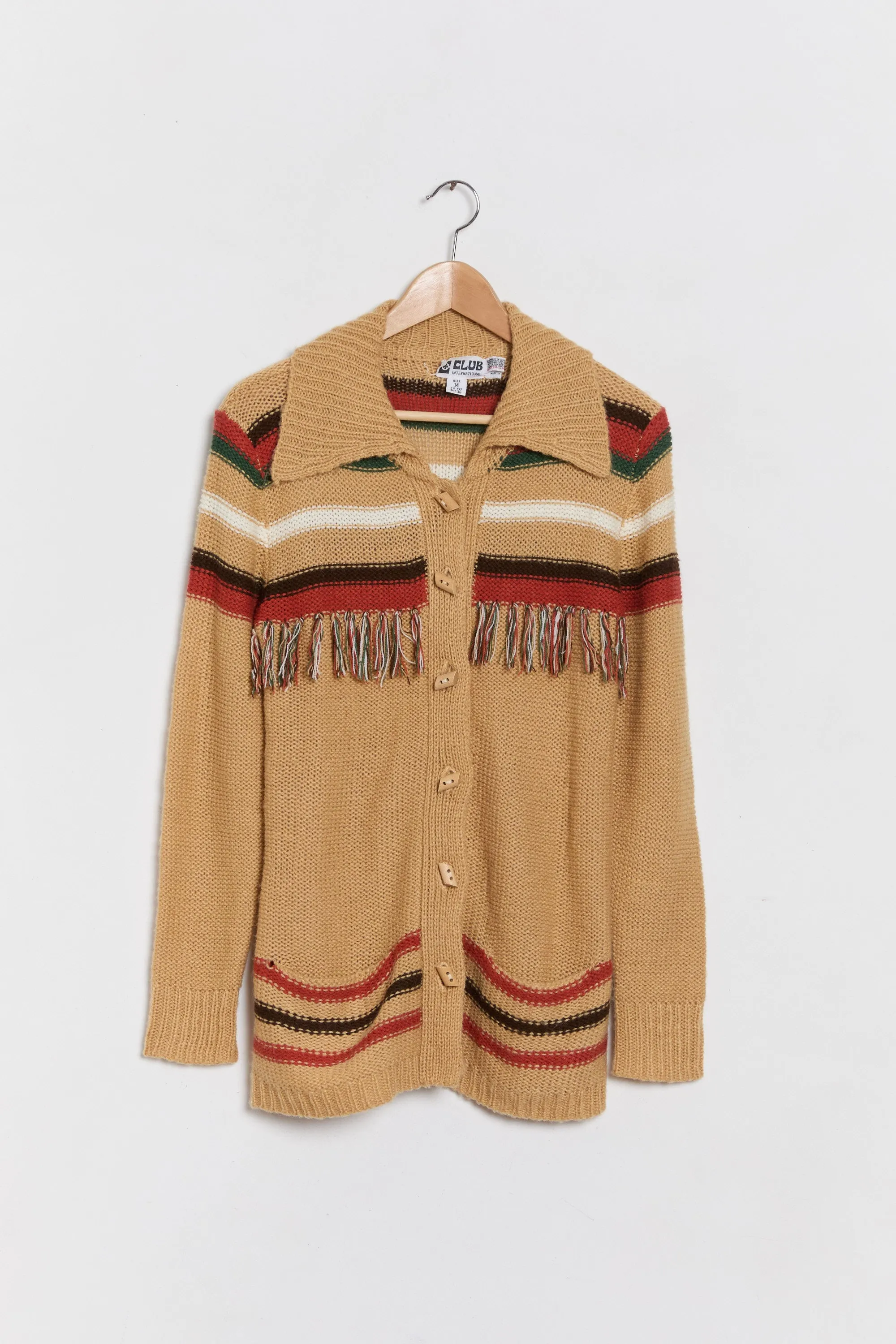 70s Camel Striped Fringe Cardigan M