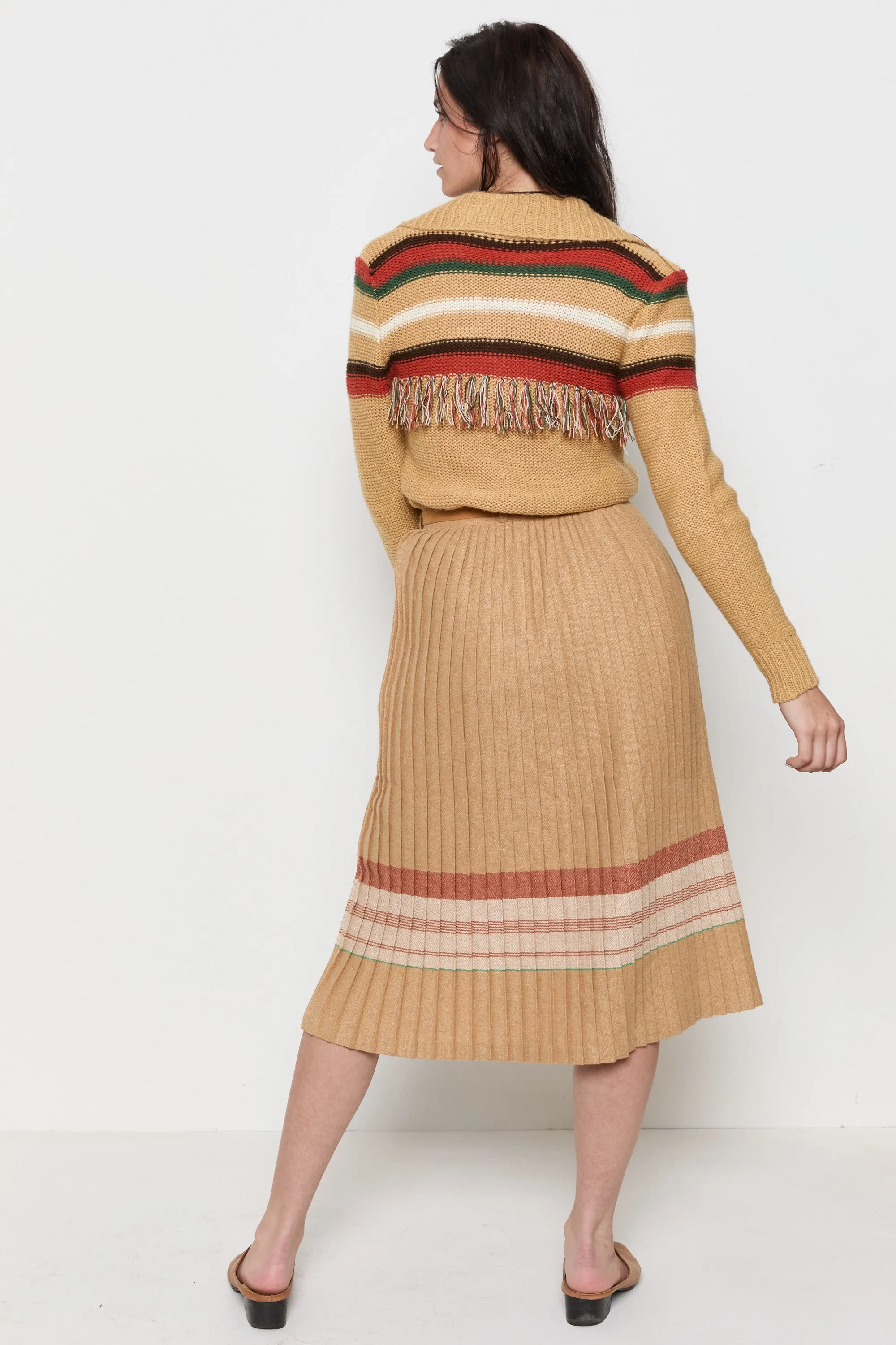 70s Camel Striped Fringe Cardigan M