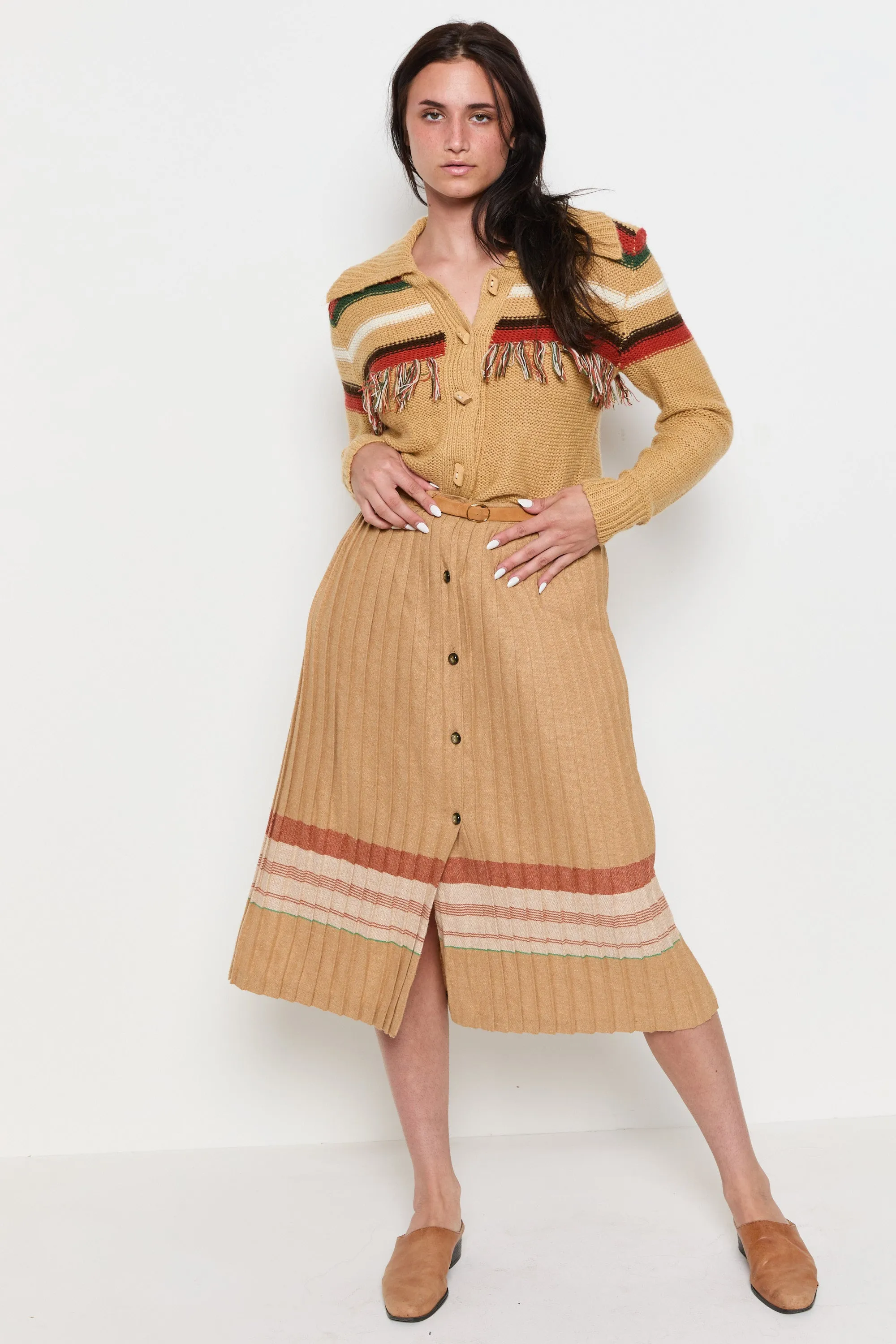 70s Camel Striped Fringe Cardigan M
