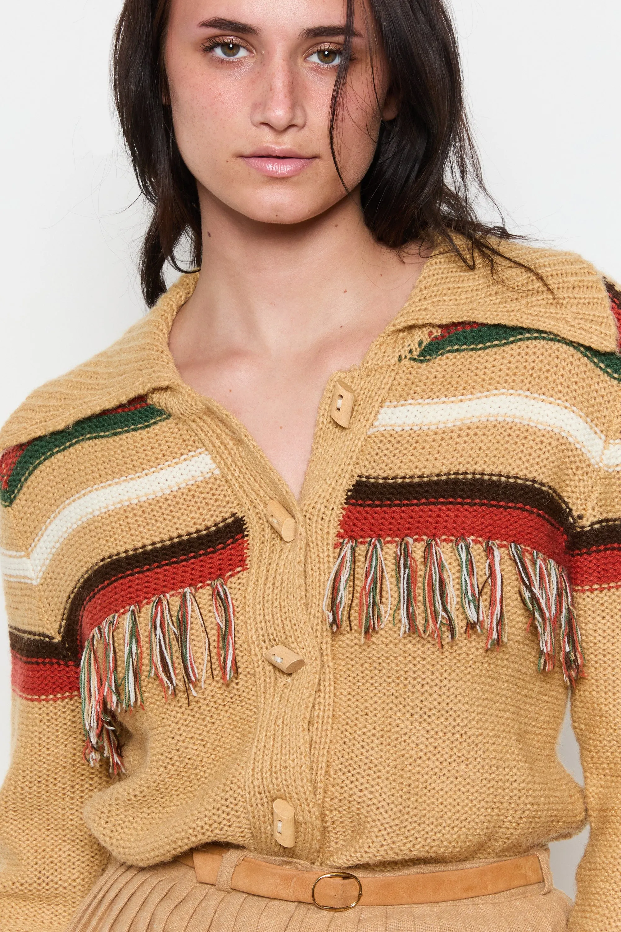 70s Camel Striped Fringe Cardigan M