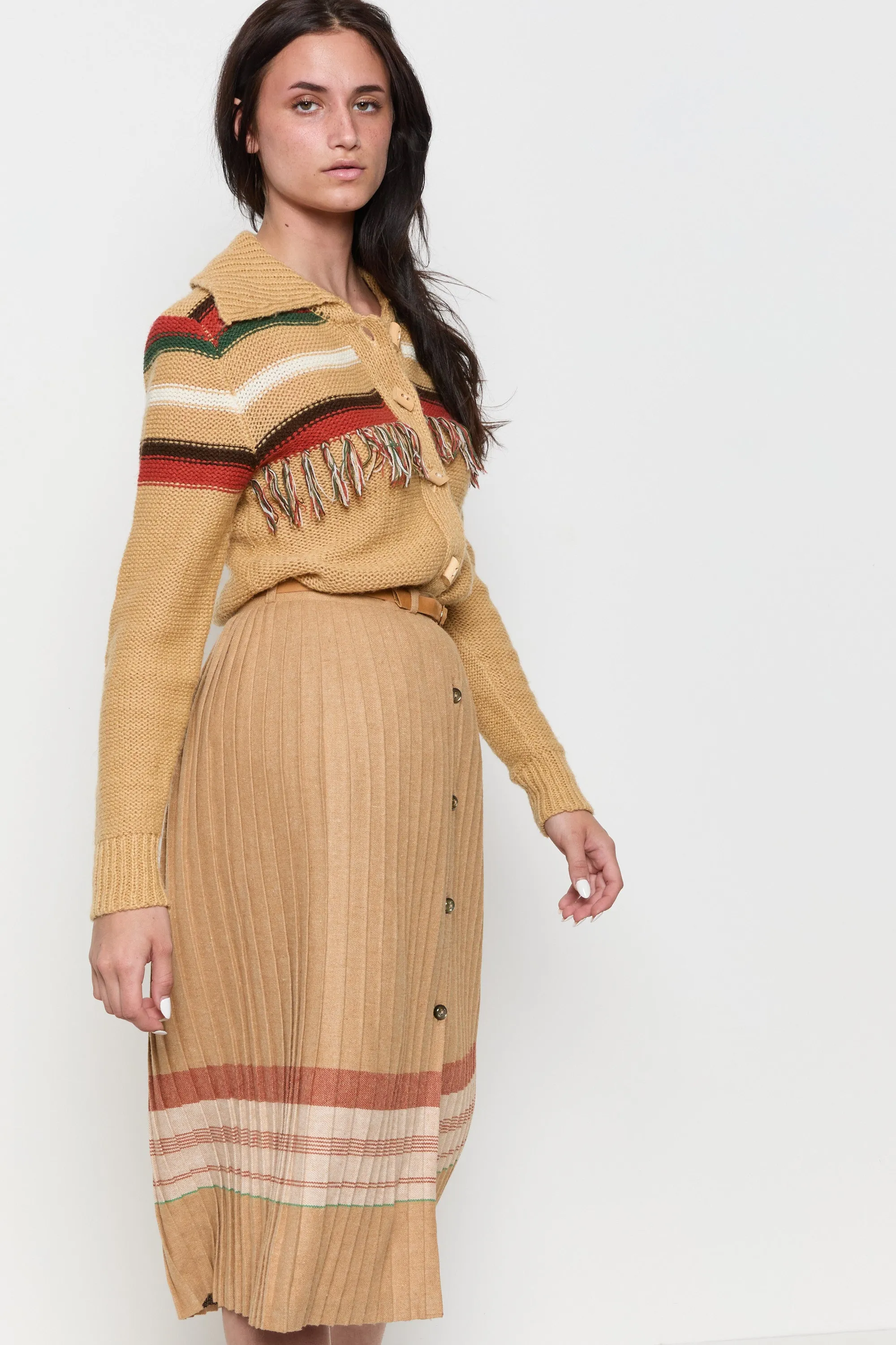 70s Camel Striped Fringe Cardigan M