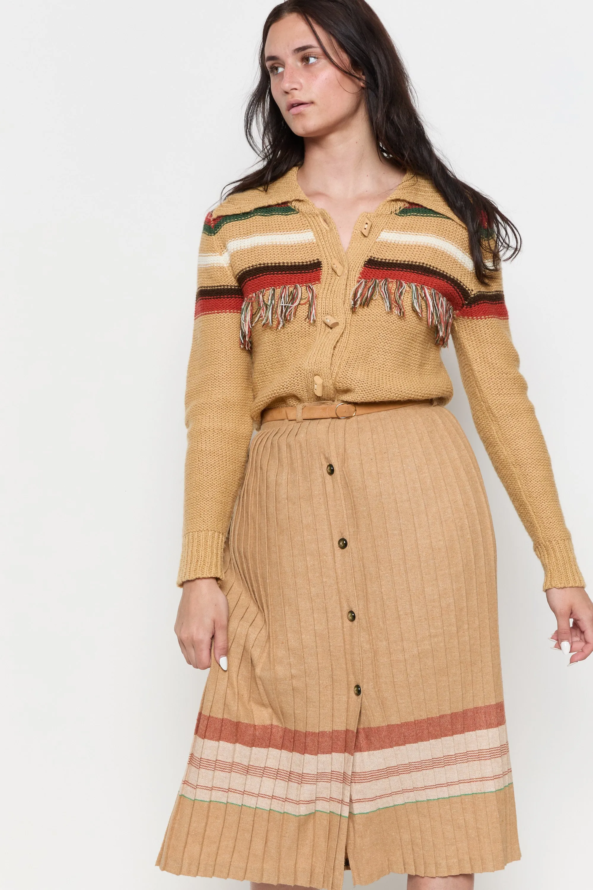 70s Camel Striped Fringe Cardigan M