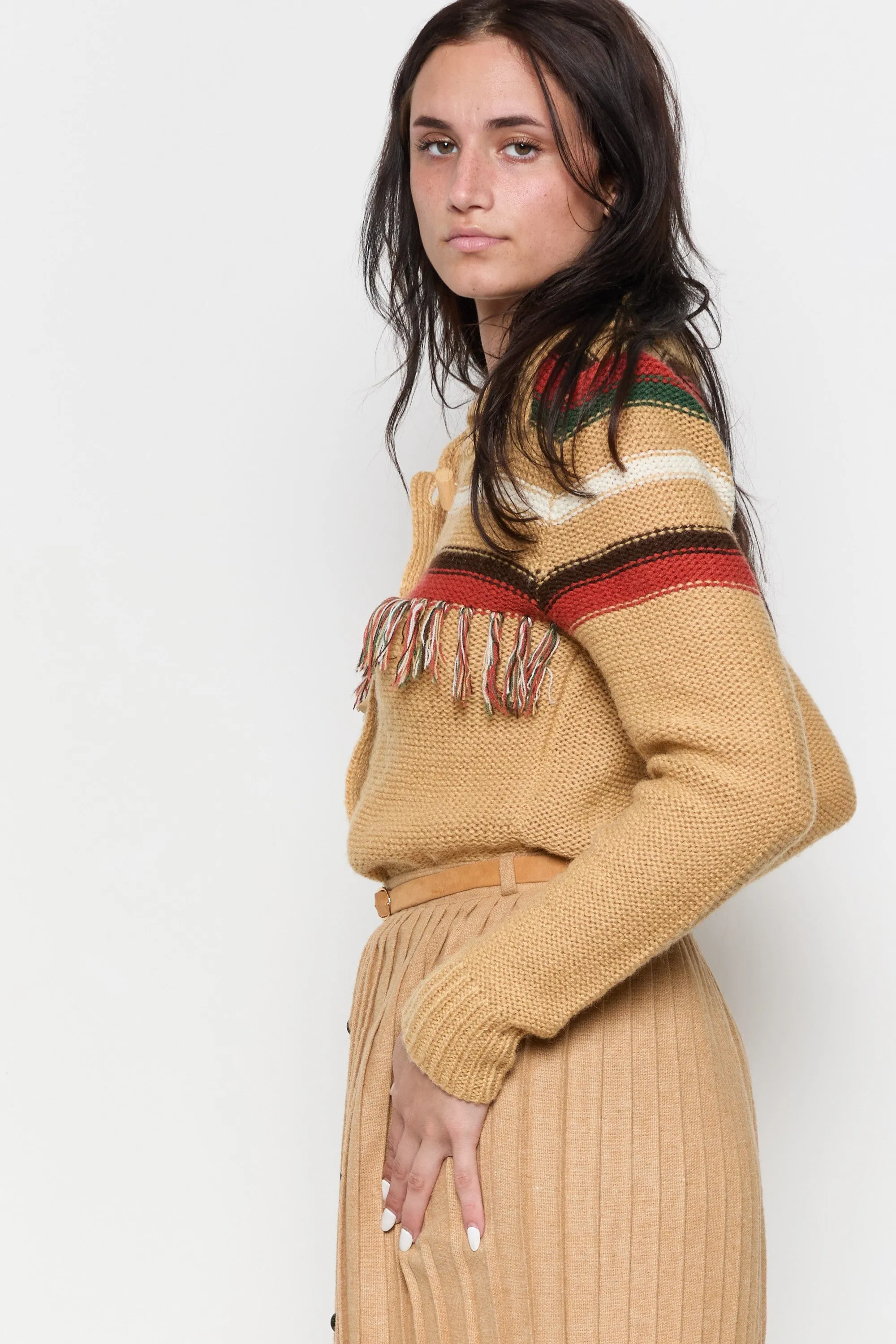 70s Camel Striped Fringe Cardigan M