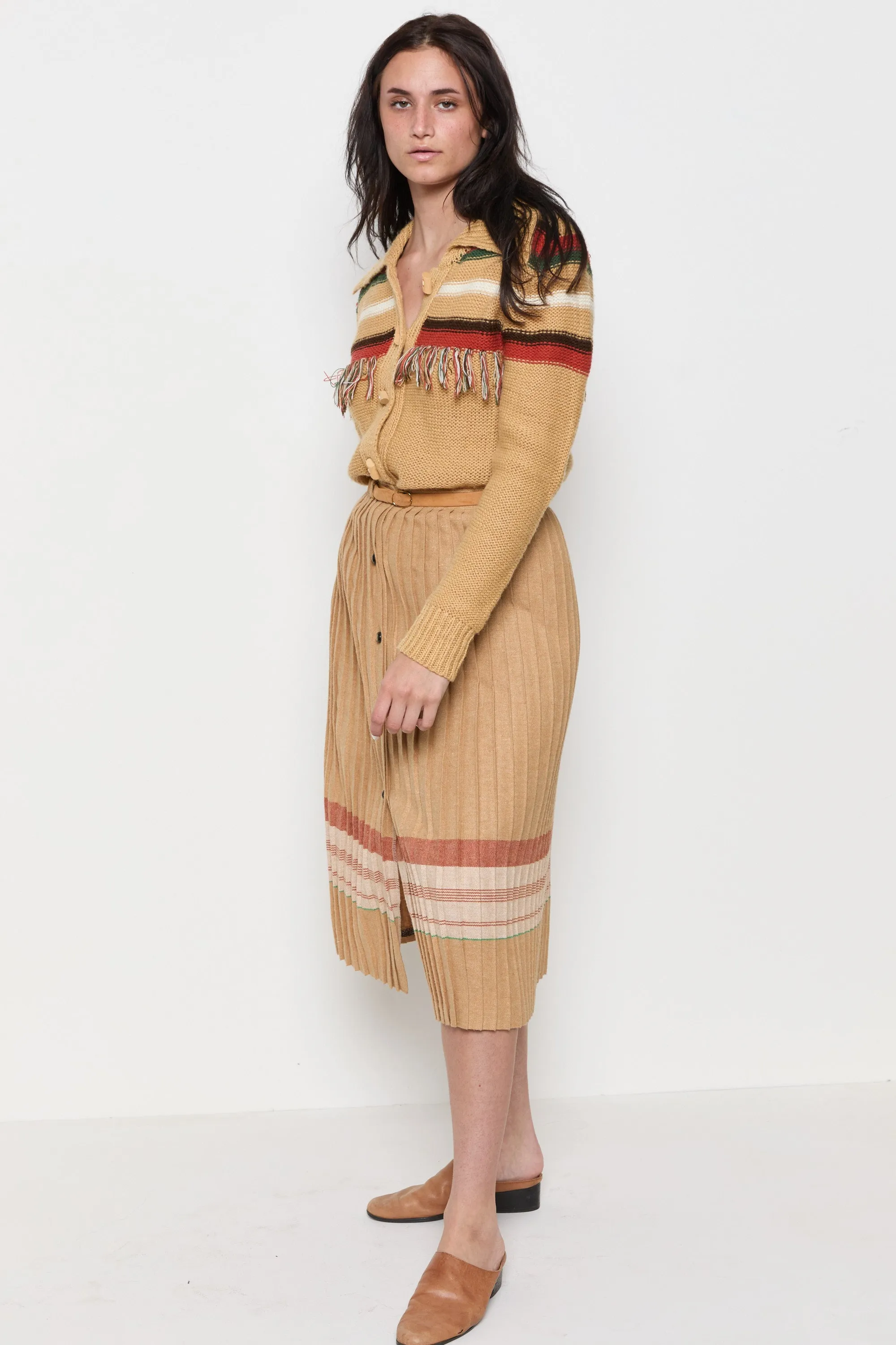 70s Camel Striped Fringe Cardigan M