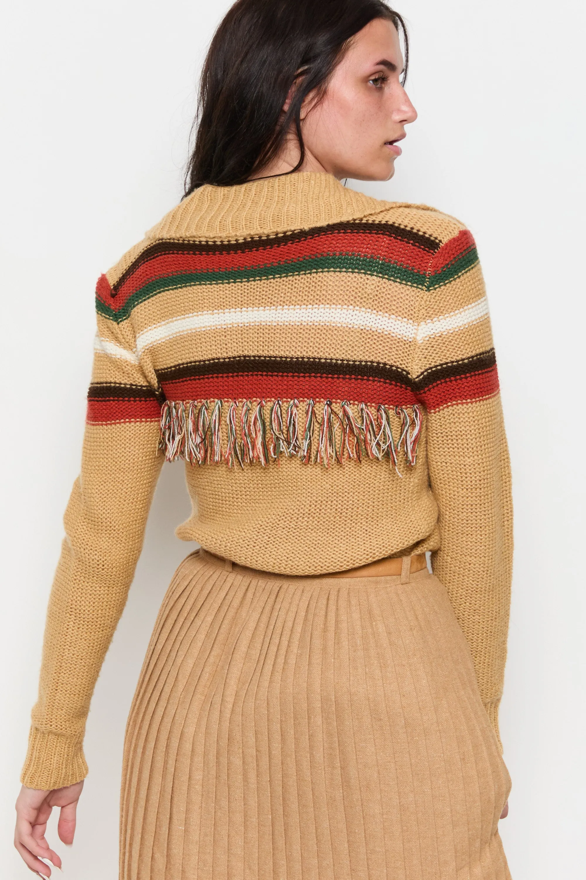 70s Camel Striped Fringe Cardigan M