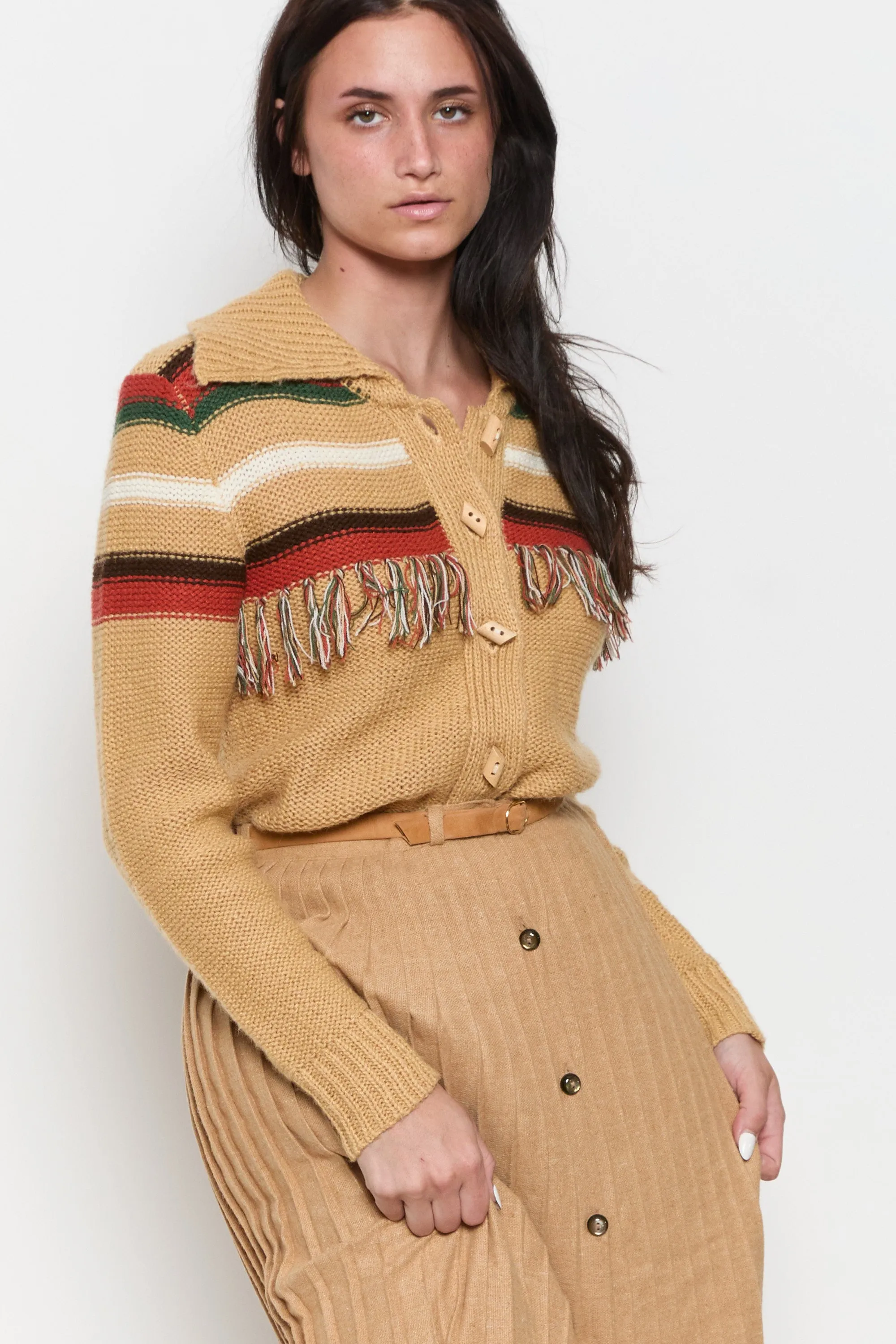 70s Camel Striped Fringe Cardigan M
