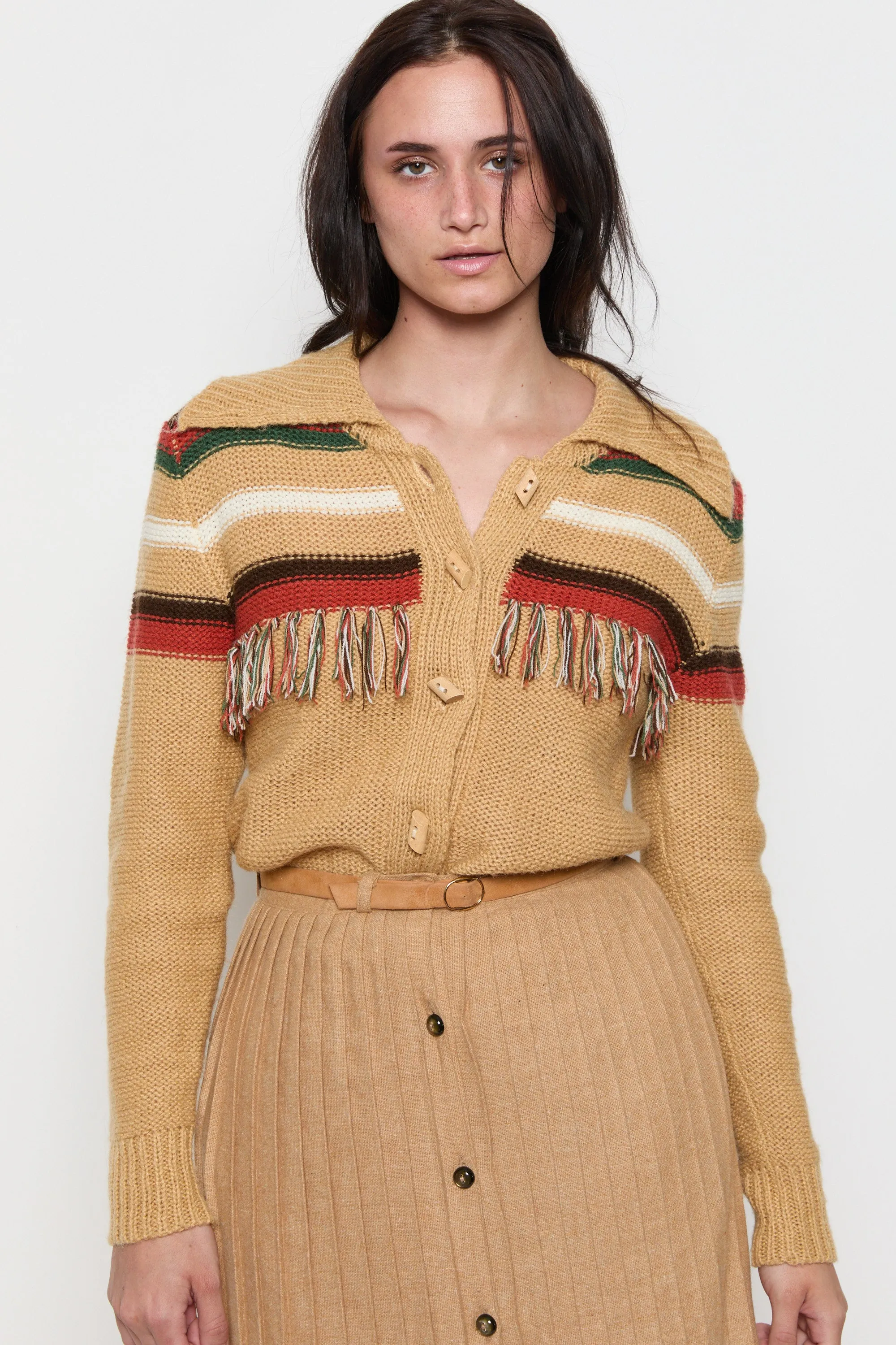 70s Camel Striped Fringe Cardigan M