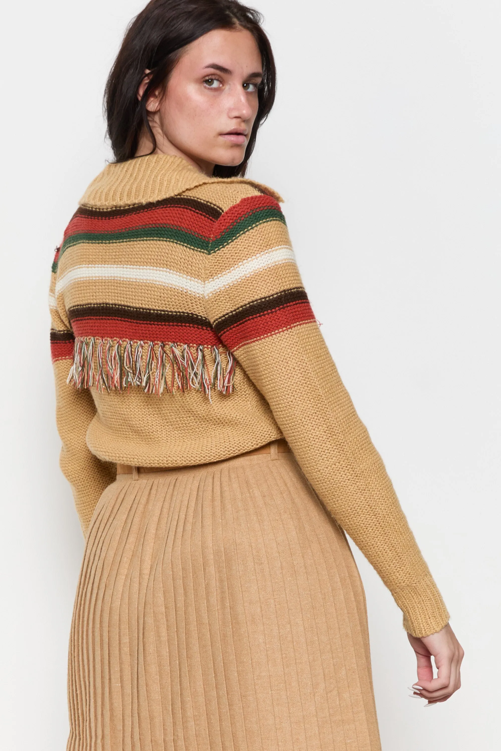 70s Camel Striped Fringe Cardigan M