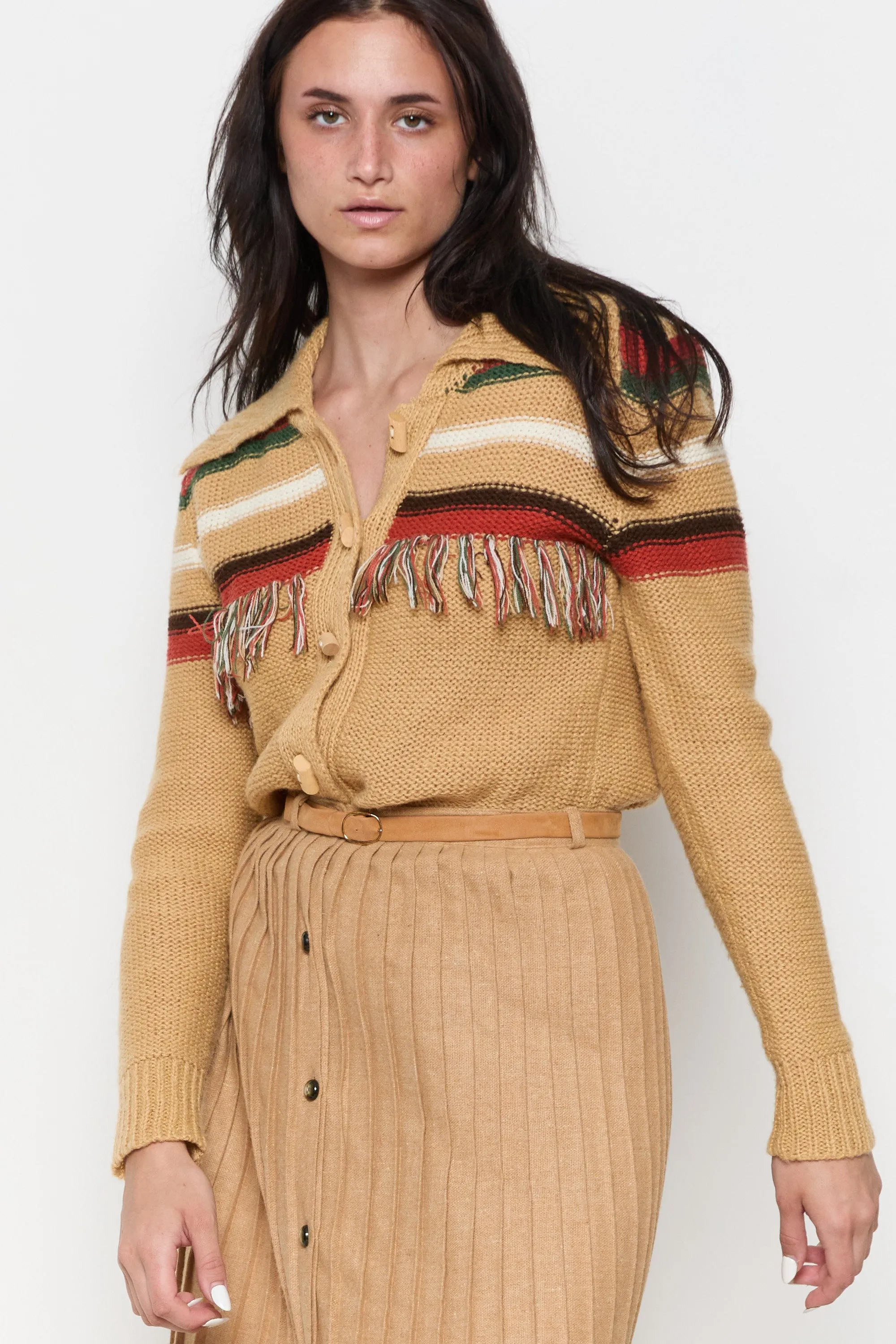 70s Camel Striped Fringe Cardigan M