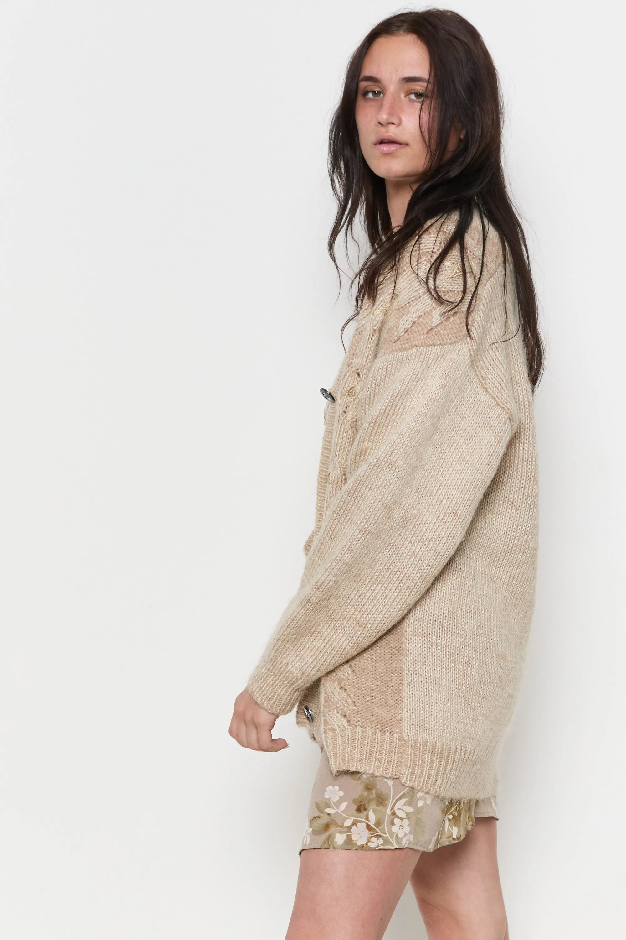 70s Oyster Floral Embroidered Cardigan L