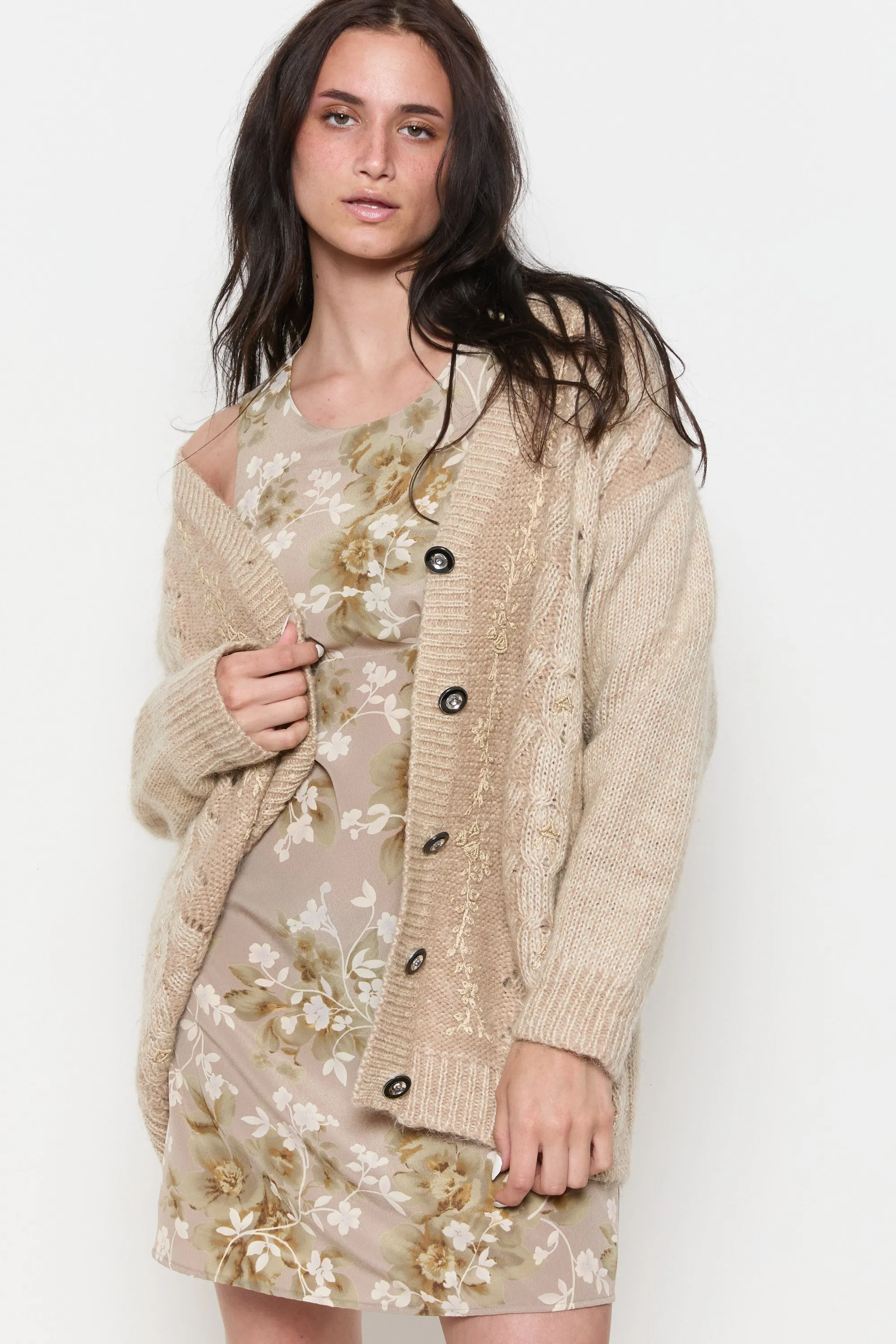 70s Oyster Floral Embroidered Cardigan L