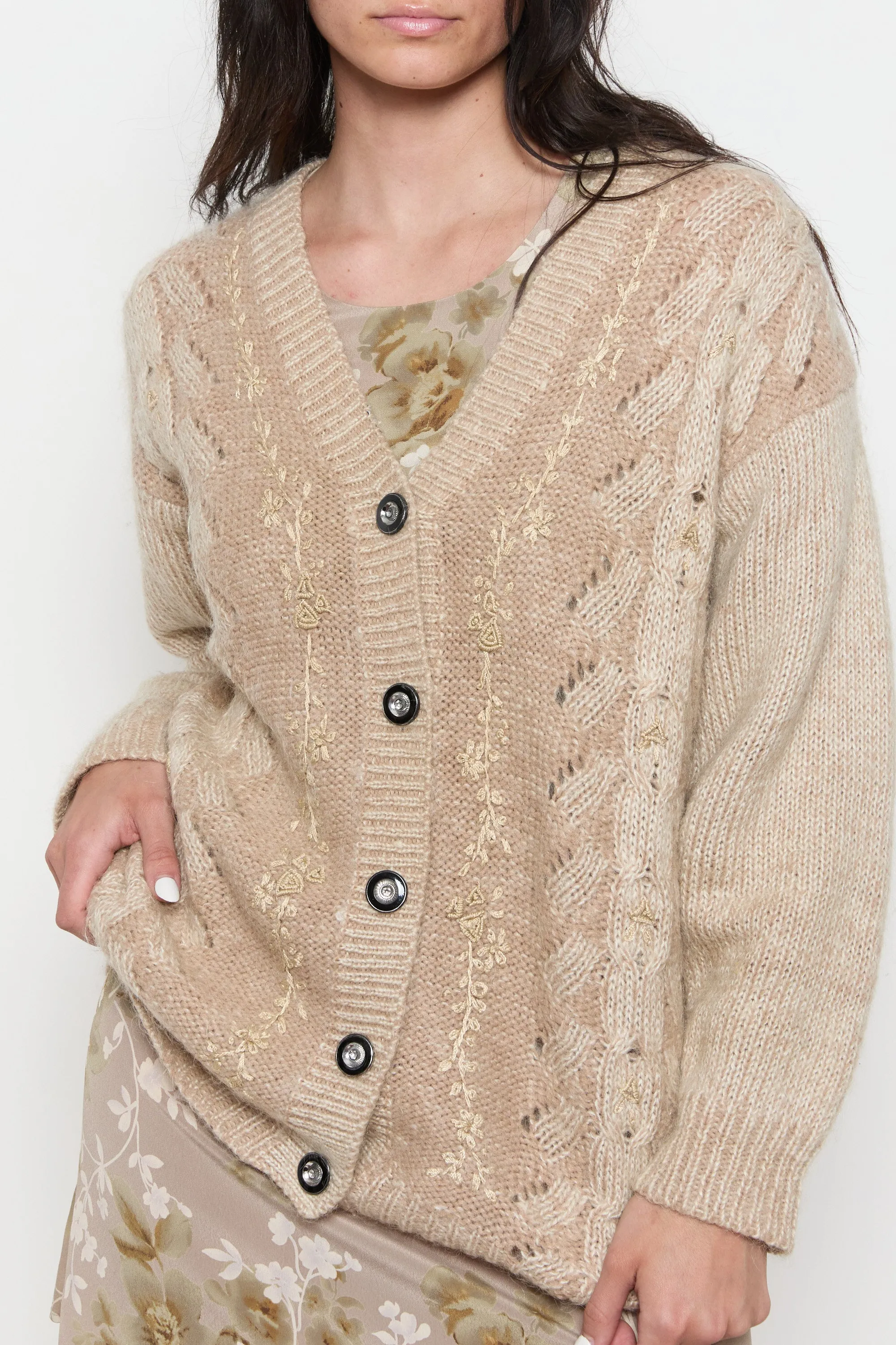 70s Oyster Floral Embroidered Cardigan L