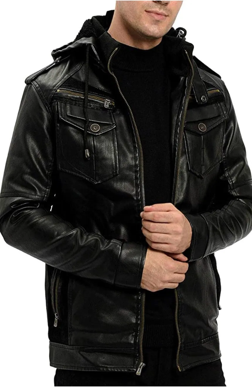 Asil Real Black Leather Jacket with hood Men Biker Motorcycle