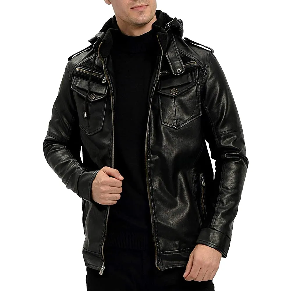 Asil Real Black Leather Jacket with hood Men Biker Motorcycle