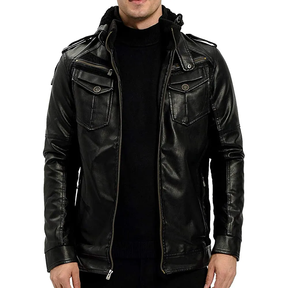 Asil Real Black Leather Jacket with hood Men Biker Motorcycle
