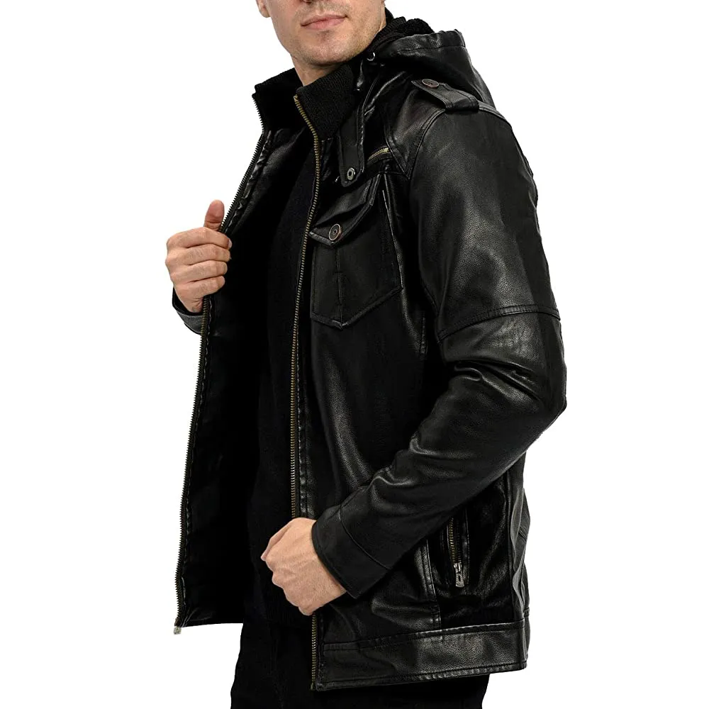 Asil Real Black Leather Jacket with hood Men Biker Motorcycle