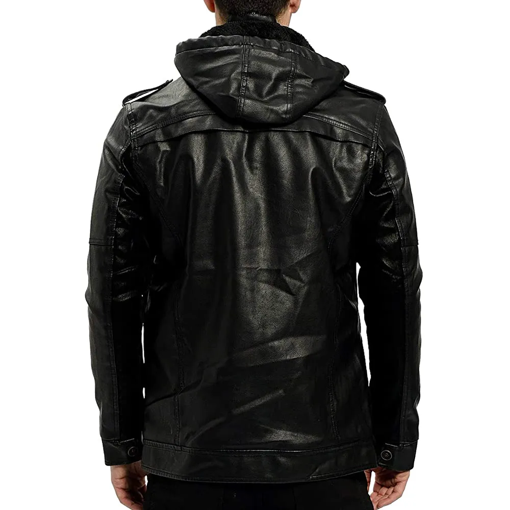 Asil Real Black Leather Jacket with hood Men Biker Motorcycle