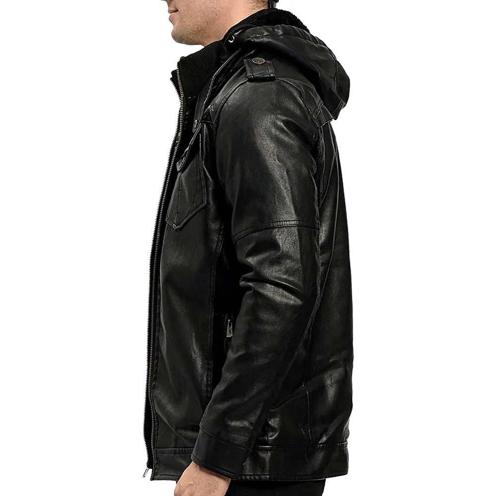 Asil Real Black Leather Jacket with hood Men Biker Motorcycle
