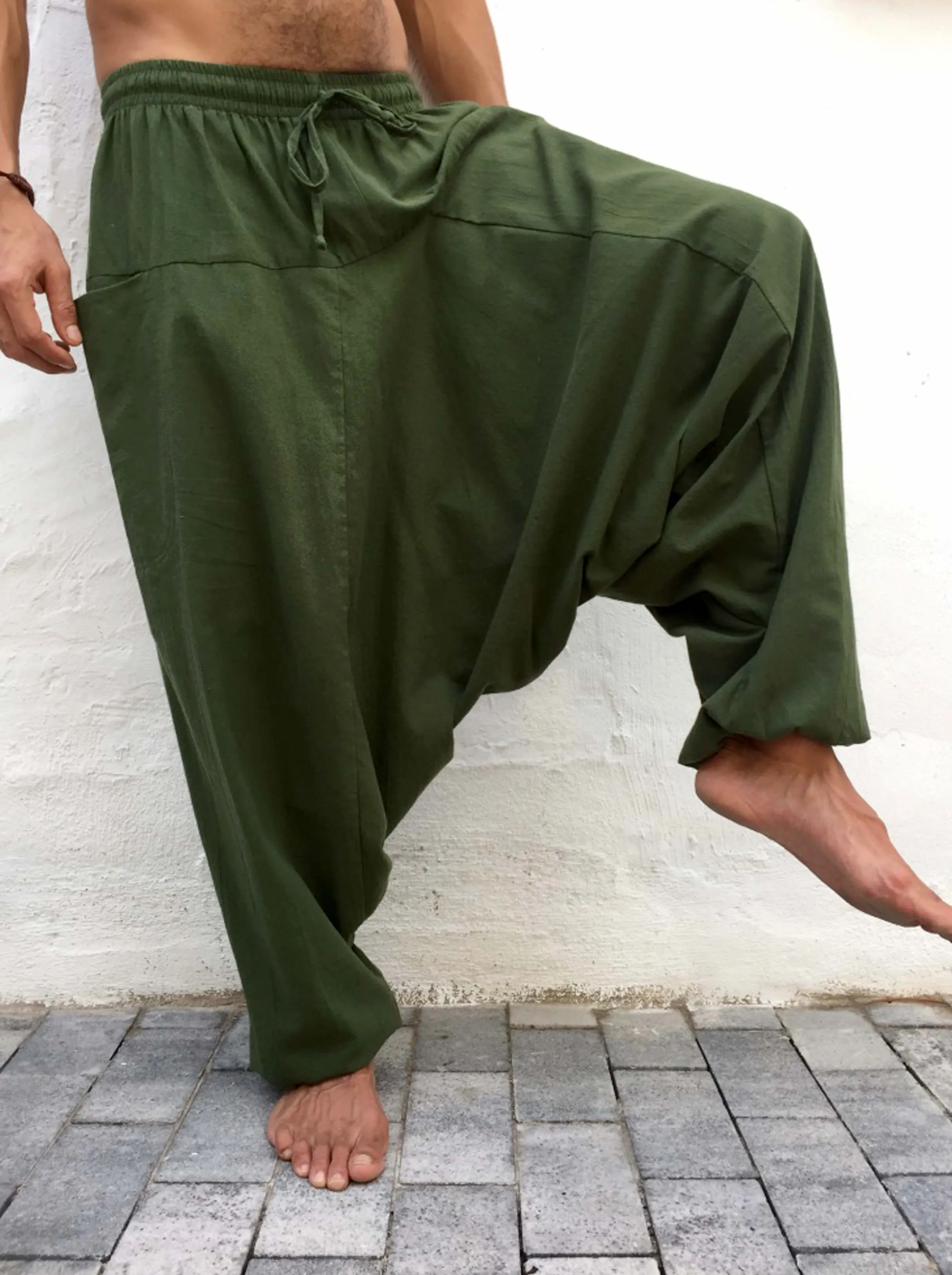 Baggy Cotton Pants with Pockets Green