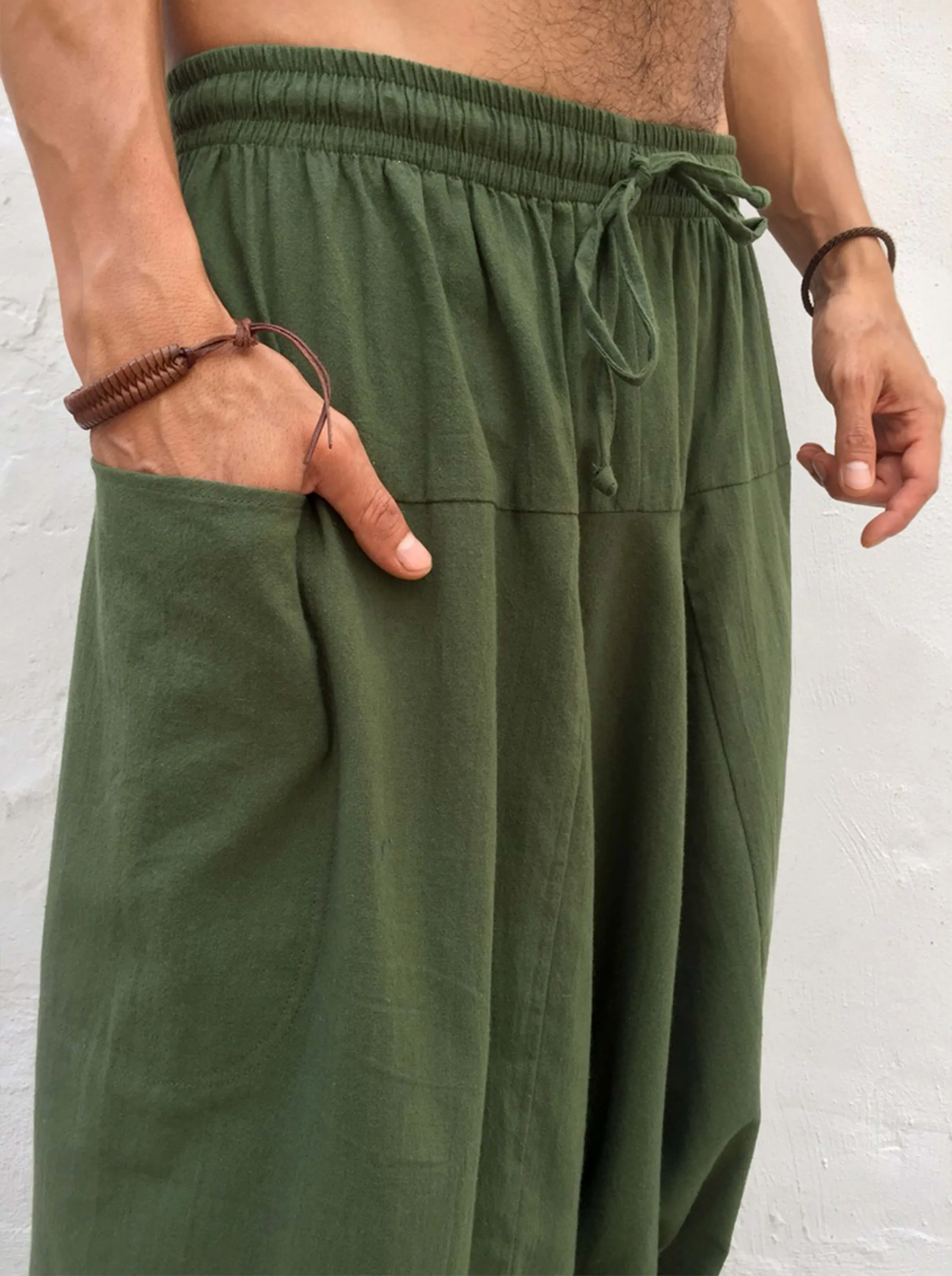 Baggy Cotton Pants with Pockets Green
